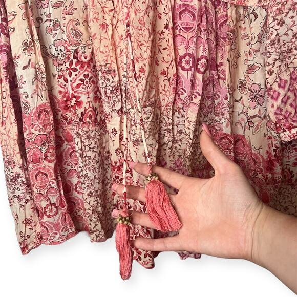 Zara Boho Patchwork Floral Dress Pink Red Long Sleeve Tassel Tie Mini Sz Small - Picture 5 of 12